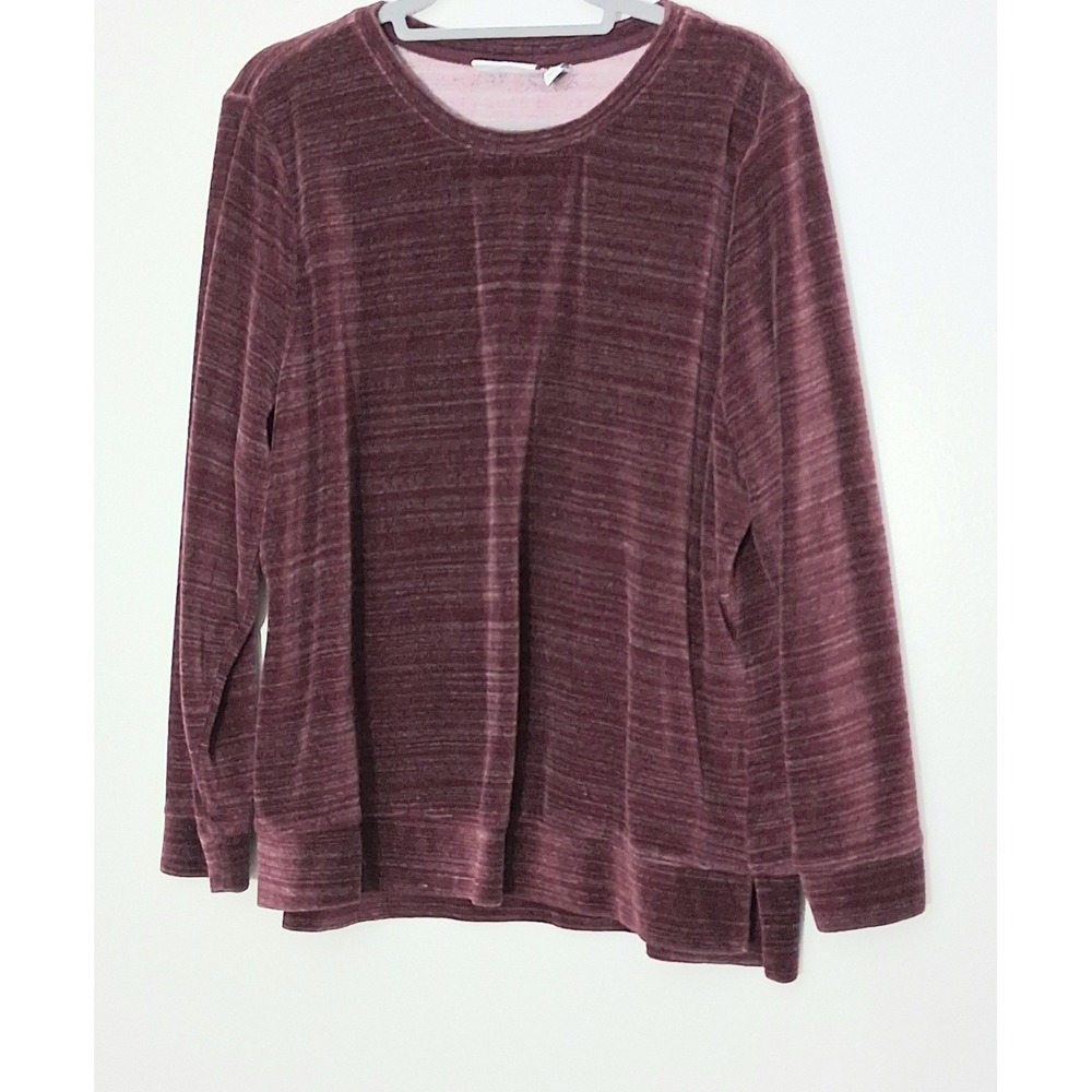 Denim & Co Top Size XL Maroon Active‎ Spacedye Velour Hi-Low Hem Crew Neck Top